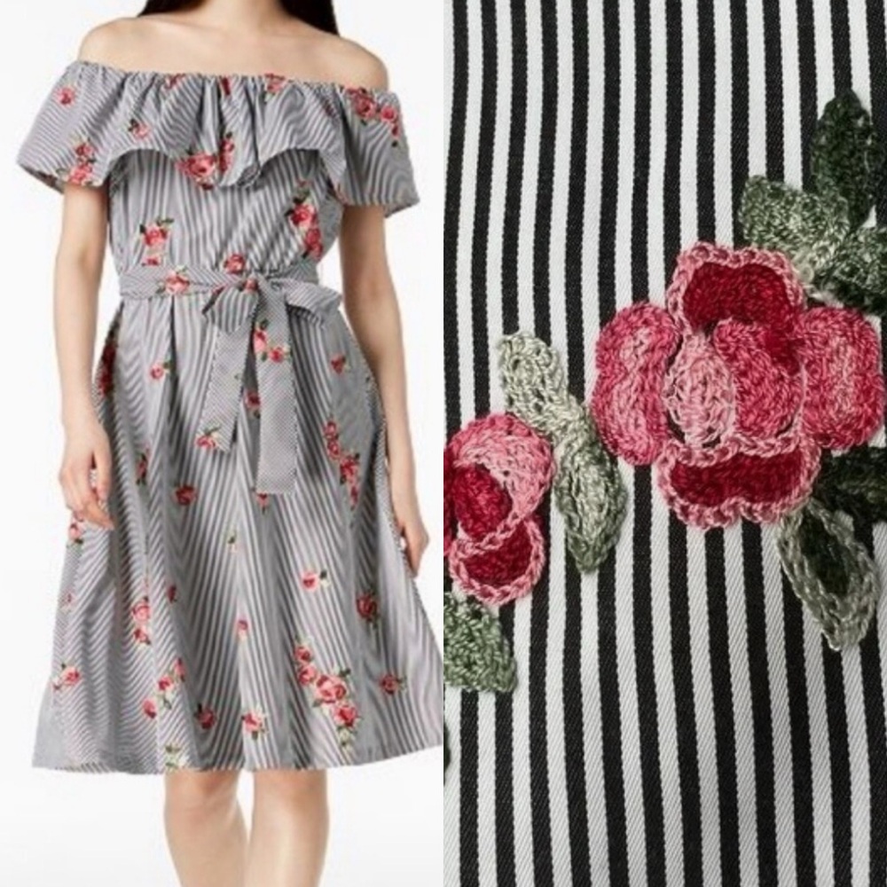 Calvin Klein Black and White Off-Shoulder Midi Dress